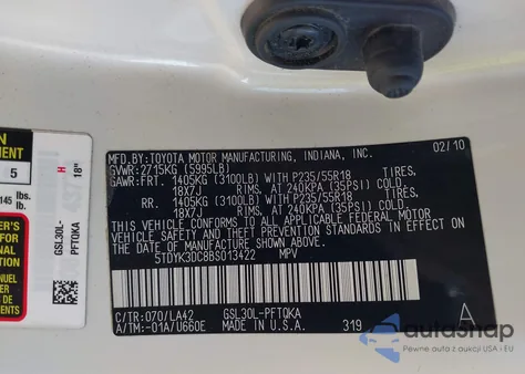 2011 Toyota Sienna Limited V6 z USA, uszkodzony, nr VIN 5TDYK3DC8BS013422